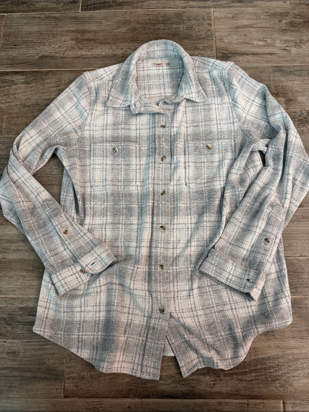 Faherty Women's Legend Sweater Classic Shirt Gray/White Plaid sz M